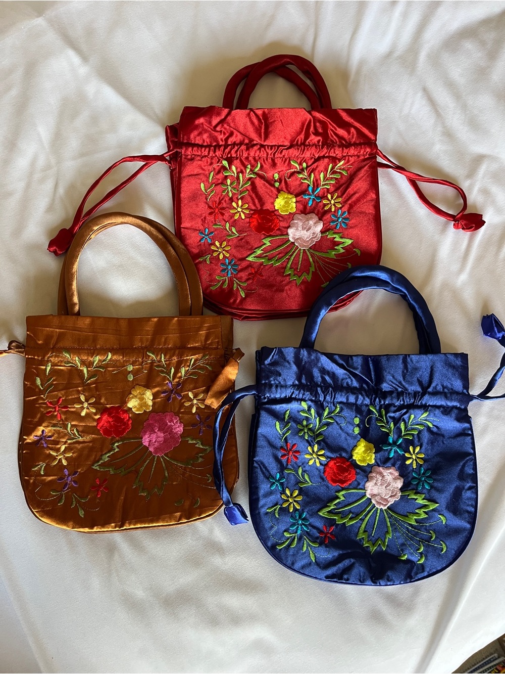 3pc Embroidered Floral Satin Drawstring Mini Tote Handbag Set Red Blue Bronze